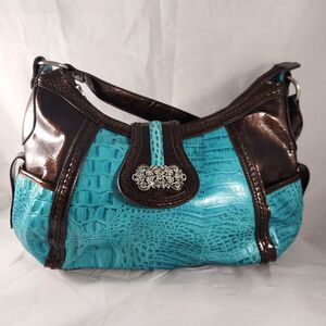 MC Mark Chantal Leather Turquoise Gator Embossed Shoulder Hobo Bag Boho Y2K